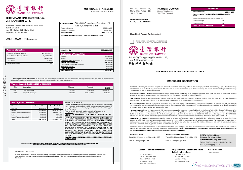 Download Taiwan Bank of Taiwan bank mortgage statement in Word and PDF formats 1 2 Photoshop template